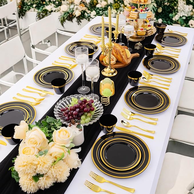 WELLIFE 150 PCS Black and Gold Disposable Dinnerware Set, Plastic Plates for Party, Including 25 Dinner Salad Plates, Cups, Forks Knives Spoons for Halloween and Party Supplies