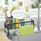 HapiRm Sponge Holder for Kitchen Sink - Self-draining Sink Caddy with Brush and Dishcloth Holders, Stainless Steel Kitchen Organizer for Countertop - Green