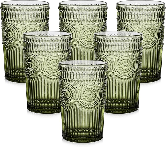 ZMOWIPDL Vintage Glassware Drinking Glasses Set of 6,13 oz Green Textured Flower Design Glass Water Tumblers，Embossed Striped Drinkware for Water,Cocktails,Juice,Iced Coffee