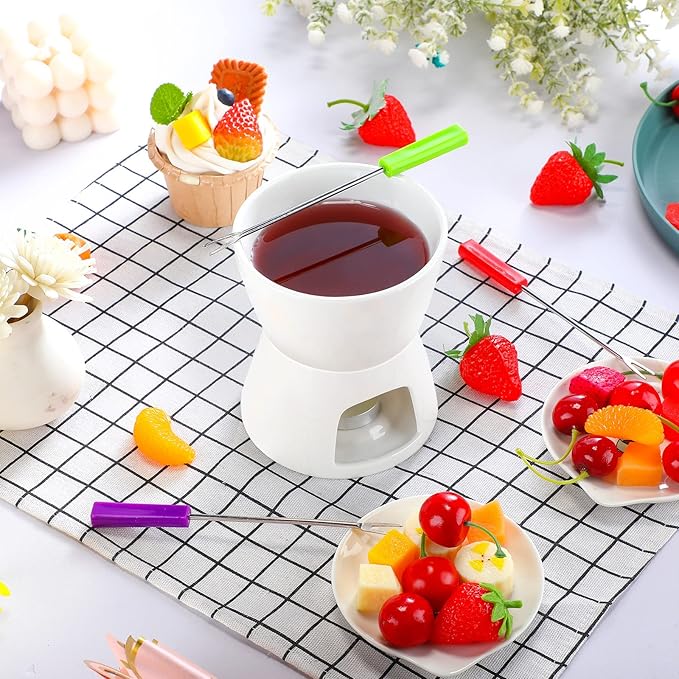 Mudder 2 Pieces Fondue Mug Ceramic Pot and 8 Pieces Forks Set for Melting Chocolate, Cheese, Broth Or Tapas On Valentine's Day, White