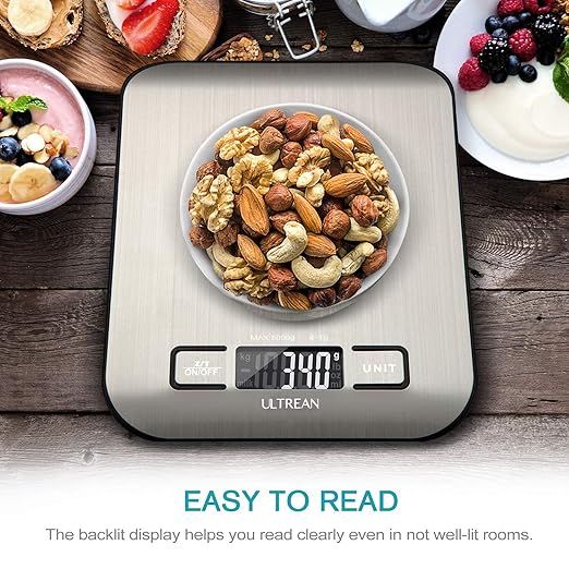 Ultrean Food Scale, Digital Kitchen Scale with LCD Display, Weight Grams and Ounces for Baking Cooking and Meal Prep, 6 Units with Tare Function, 304 Stainless Steel, 11lb (Batteries Included)