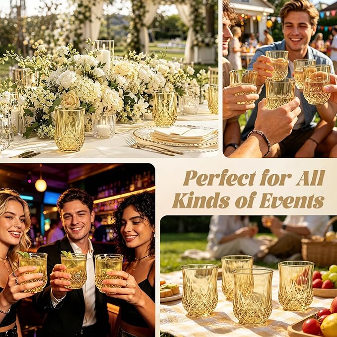 24 Pack Plastic Stemless Wine Glasses,12oz Unbreakable Vintage Elegant Drinking Glass Set,Reusable Fancy Cocktail Cups for Party, Wedding, and Bulk Events (24, 12oz-Gold)