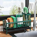 Cisily Sponge Holder for Kitchen Sink, Sink Caddy Organizer with High Brush Holder, Kitchen Countertop Organizers and Storage Essentials, Rustproof 304 Stainless Steel (Dark Green, 9.25″)