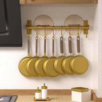 Dseap Kitchen Utensil Holder Hanger, Pot and Pan Rack Wall Mounted, Kitchen Rail with 8 Hooks for Hanging Cooking Utensils, Mugs, Spoons, Wall Mounted, Gold