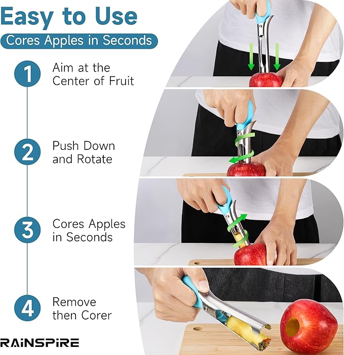 Rainspire Apple Corer Tool Kitchen Apple Core Remover Stainless Steel Comfortable Nonslip Handle, Dishwasher Safe, Blue