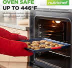 NutriChef Nonstick 3-Piece Baking Pans Set – Carbon Steel Bakeware with Blue Coating Inside & Outside and Red Silicone Handles, Durable and Reliable, Effortless Baking and Easy Cleanup (Blue)