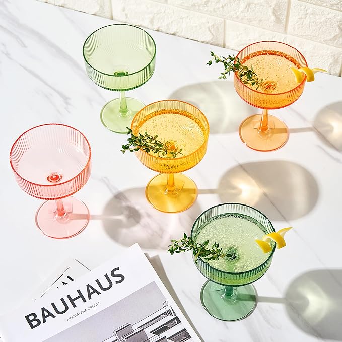 Khen Shatterproof Acrylic Ribbed Vintage Art Deco Martini, Champagne & Cocktail Spring & Summer Bright Pastel Colors Plastic Coupe Glasses | 5 Set | 8oz Ripple Classic Indoor & Outdoor, European Style