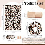 HunnmingRe 5 Pcs Travel Pillow and Blanket Set, 5 in 1 Travel Airplane Compact Includes 40 x 60 Inch Throw Blanket Eye Mask Neck Pillow Earplug and Bag Gifts for Travelers Women(Leopard Print,Brown)
