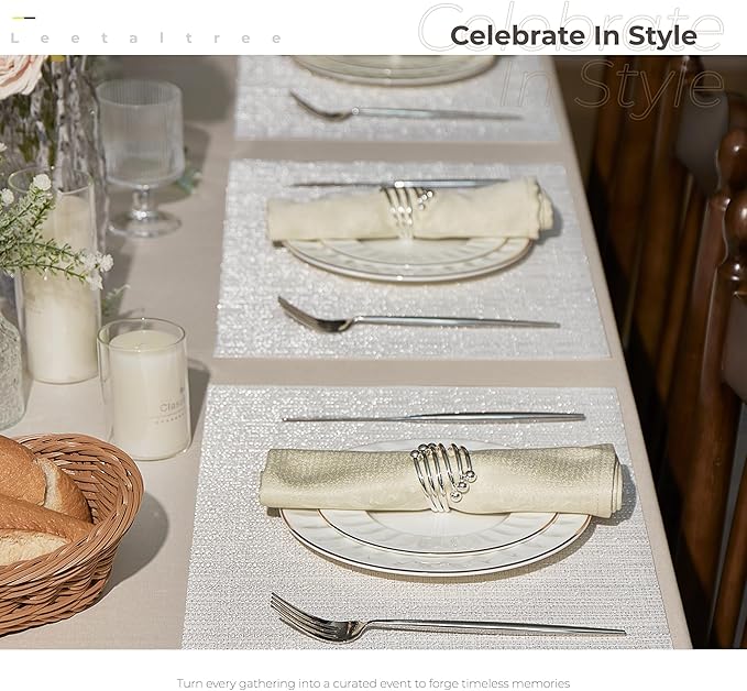 Leetaltree Luxury White and Silver Woven Placemats Set of 8 - Waterproof Washable Textured Table Mats for Wedding, Anniversary, Daily Use - Sparkling Metallic Thread Table Decor - Hand-Cut