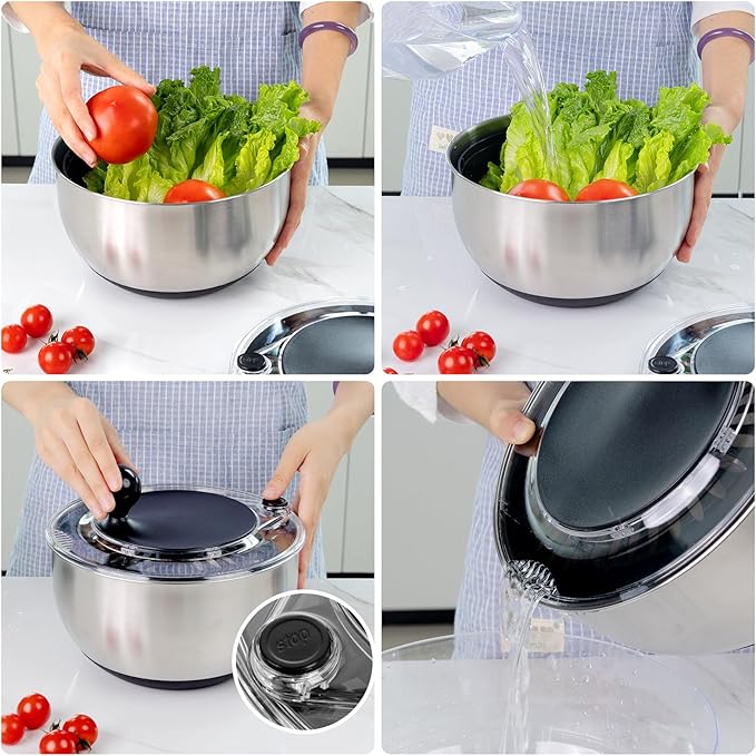 supernal 5.3Qt Salad Spinner Lettuce Spinner with Stop Button Vegetable Dryer Fruit Washer Chopper Bowl Non-Slip Base Dishwasher Safe Fruit Washing Bowl with Strainer Clear Lid & Drainage Hole Black