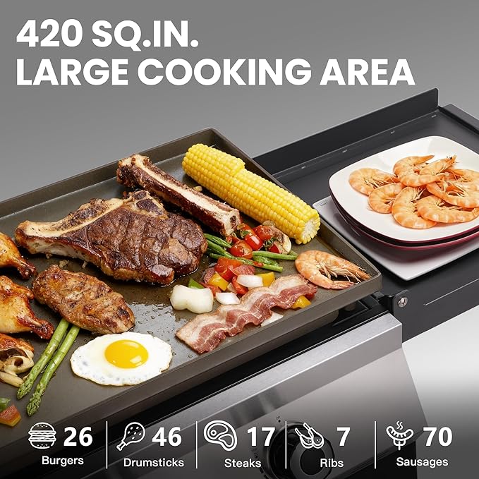 3-Burner Propane Gas Griddle, 36,000 BTU Outdoor Flat Top Propane Grill with 420 Sq In Cooking Area, Rolling Wheels & Folding Side Shelves for Camping, Tailgating & Backyard BBQ, Black