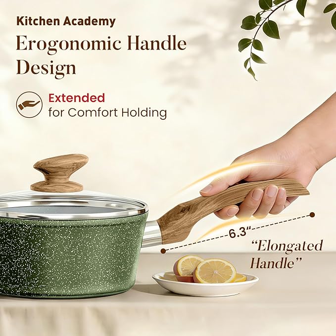 Kitchen Academy Non Toxic Pots and Pans Set Non Stick - 12 Piece Induction Cookware Sets, Green Granite Nonstick Cooking Pot and Pan, PFOA&PFOS Free