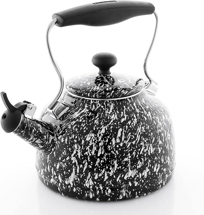 Chantal Tea Kettle, Vintage Series, Enamel on Steel, Whistling (Black Splatter on White)