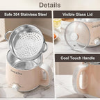 Dezin Hot Pot Electric with Steamer, Rapid Noodles Cooker, Stainless Steel Electric Pot 1.6 Liter, Perfect for Ramen, Egg, Dumpling, Soup, Oatmeal with Temperature Control and Keep Warm Function