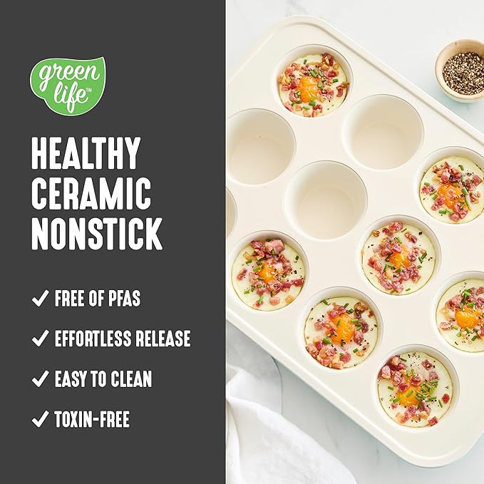 GreenLife 12-Cup Muffin Pan, PFAS-Free Healthy Nonstick Baking Tray, 11.4" x 1.9" x 15.9", Durable Ceramic Bakeware, Cupcakes, Egg Bites, Tarts, Brownies, Black