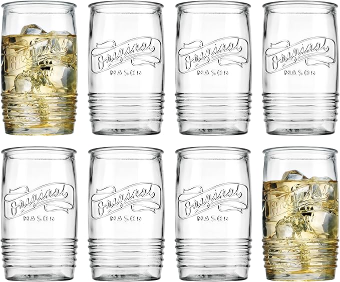 Glaver's Set of 8 Tumbler Glass Cups 20 OZ Mason Stemless Tall Drinking Glasses For Everyday Use, Modern yet Vintage Original Mason Logo Glassware for Bar, Water, Beer, Juice.
