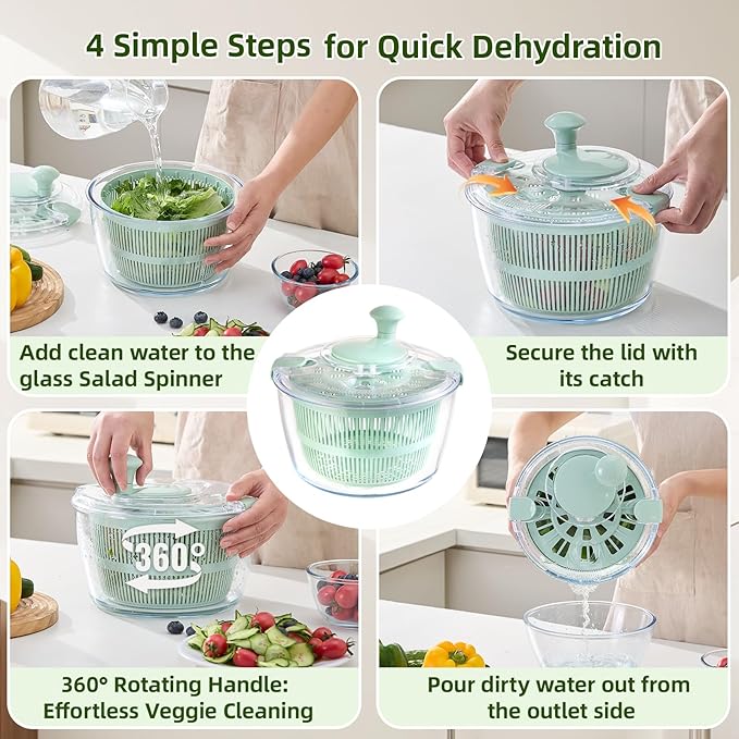 Large 5.2 Qt Glass Salad Spinner Vegetable Dryer with Drain Microwave Safe Dishwasher Safe with Transparent Lid Crank Handle Quick Spin Greens Washer for Lettuce Herbs Fruits