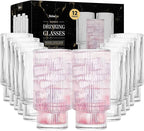 Kitchen Lux Ribbed Drinking Glasses - Ribbed Glass Cups 12 oz - Ribbed Glassware Set of 12 - Textured Vintage Retro Ripple Aesthetic Glass Ware for Whiskey Cocktail Beer Water, Coffee Bar Accessories