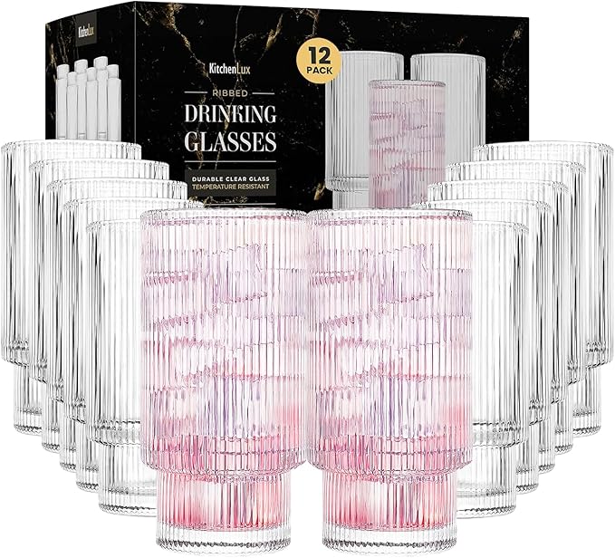 Kitchen Lux Ribbed Drinking Glasses - Ribbed Glass Cups 12 oz - Ribbed Glassware Set of 12 - Textured Vintage Retro Ripple Aesthetic Glass Ware for Whiskey Cocktail Beer Water, Coffee Bar Accessories