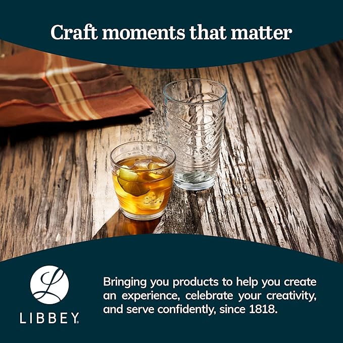 Libbey Orbita Rocks and Tumbler Drinking Glasses Set of 16, Durable Glass Cups Set with Wave Pattern, Glassware Drinking Glasses for Any Occasion