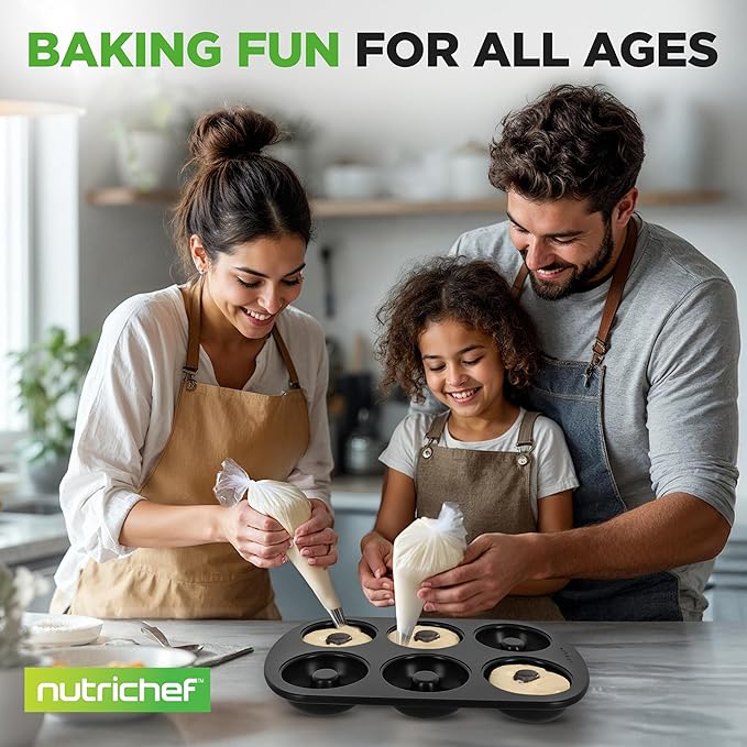 NutriChef Nonstick Donut Pans for Baking | 6 Durable & Easy to Clean Doughnut Molds | Fits Full-Sized Doughnuts | Oven Safe Up To 450F | Bake Perfect Donuts & Bagels | 12.5 x 8.5 Donut Trays | 2 Pack