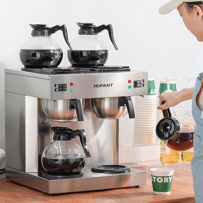 NUPANT Dual Drip Commercial Coffee Maker, 200 Cup/hour, 7.2L Pour Over Coffee Machine with 4 Glass Carafe and 4 Warmers, Stainless Steel Double Coffee Brewer Staition for Restaurant and COFFEE Bar