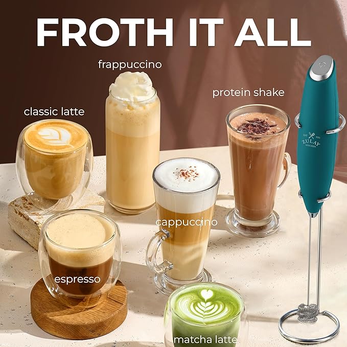 Zulay Kitchen Patented Tornado Triple Whisk Milk Frother with 4 Duracell Batteries – Handheld Foam Maker for Coffee, Lattes, Matcha & Hot Chocolate – Rich, Creamy Froth in Seconds - Vivid Emerald