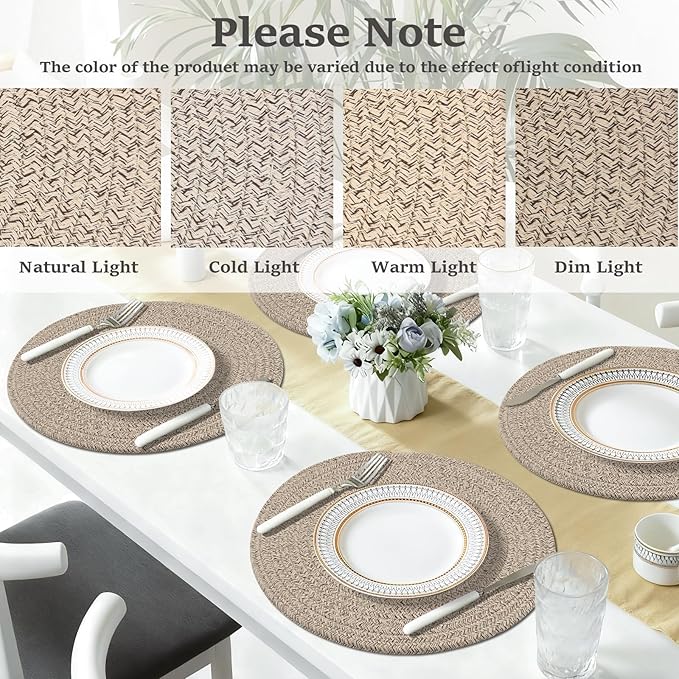 Round Placemats Set of 6, Cotton Rope Woven Table Mats, Hot Pads for Kitchen, Non Slip Heat Resistant Place Mats, 13 Inches Braided Placemat for Farmhouse Decor and Kitchen Table Decor (Brown)