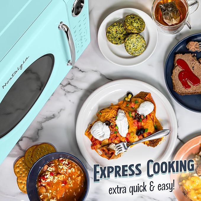 Nostalgia Retro 1000W Microwave Oven 1.1 Cu Ft Capacity – Child Safety Lock, 8 Auto-Cook Settings – Countertop Kitchen Appliance – Aqua