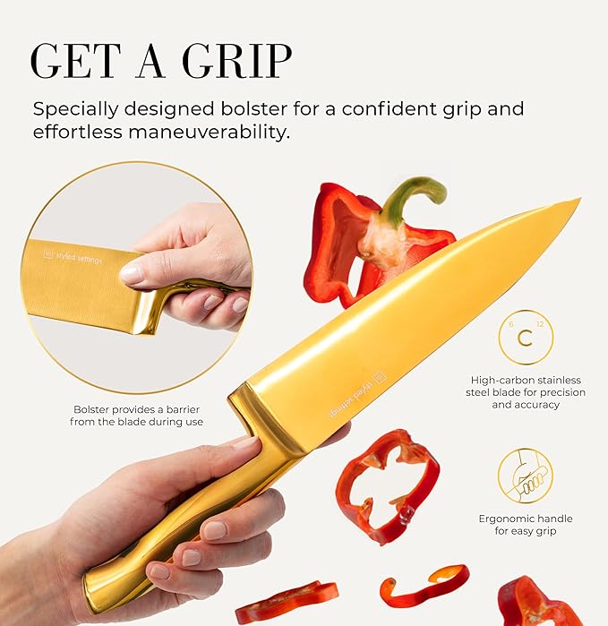 Styled Settings Gold Knife Set with Block & Built-In Sharpener – 14-Piece Full Tang Kitchen Knives Set – Gold Knives Set with Self-Sharpening Block, Titanium Knife Set with Black Block