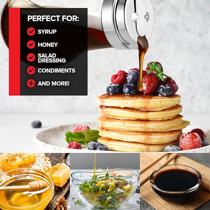 14 oz Glass Syrup Dispenser, No Drip Glass Syrup Bottle for Maple Syrup, Honey Dispenser, Pancake Mix, or Sugar, Dishwasher Safe Glass Syrup Container with Metal Easy Pour Lid, 14 Ounces (414mL)