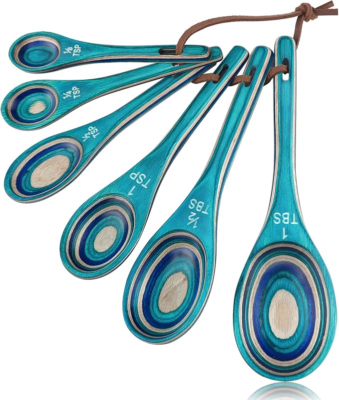 6pcs Measuring Spoons Set, Unique Pakkawood Measuring Spoons Includes 1/8 tsp, 1/4 tsp, 1/2 tsp, 1 tsp, 1/2 tbsp & 1 tbsp for Cooking & Baking, Cute Kitchen Gadgets Gift(Turquoise Blue)