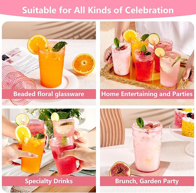 Ciaell 12 Pack Romantic Plastic Water Glasses - 14 Oz Pink Vintage Drinking Glasses, Embossed Ribbed Plastic Cups, Textured Striped Set for Juice, Beverages, Beer, Cocktail & Mother's Day