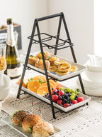 YHOSSEUN 3 Tier Serving Tray Tiered Tray Stand, Ceramic Serving Platters and Trays with Metal Rack, 10+12+14 Inch Large Serving Trays for Party 3 Tier Serving Stand Dessert Display Set, Black