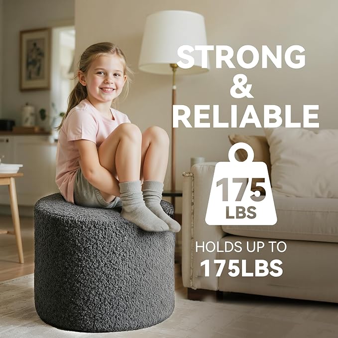 Round Boucle Pouf Ottoman Footrest – Soft & Lightweight Footstool with Full Foam Filling for Living Room, Bedroom