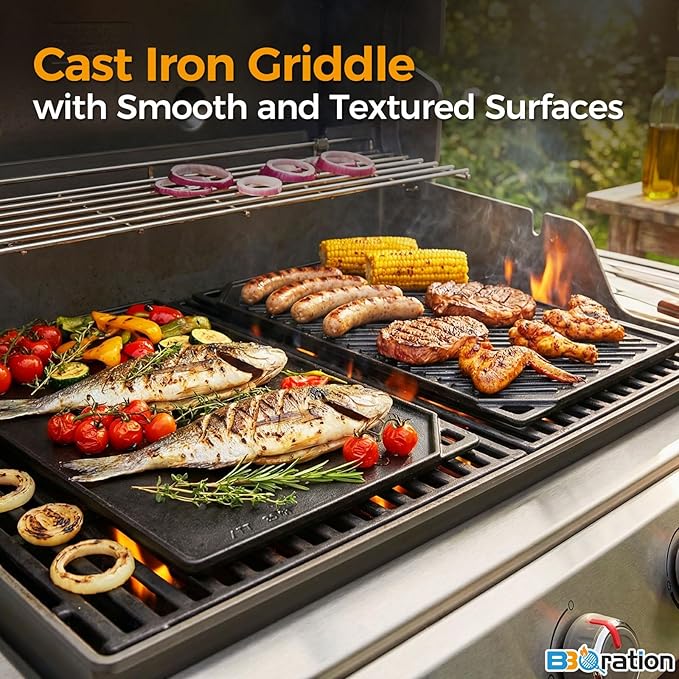 Reversible Cast Iron Griddle, 16.75" x 9.5" Stove Top Griddle Reversible Griddle Plate, Rectangular Flat and Ribbed Stovetop Griddle, Double Burner Flat Top Griddle Pan for Gas Grill