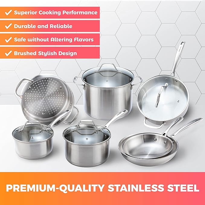Mueller Pots and Pans Set 11-Piece, Ultra-Clad Pro Stainless Steel Cookware Set, Ergonomic and EverCool Stainless Steel Handle, Includes Saucepans, Skillets, Stockpot, Saute Pan, Steamer