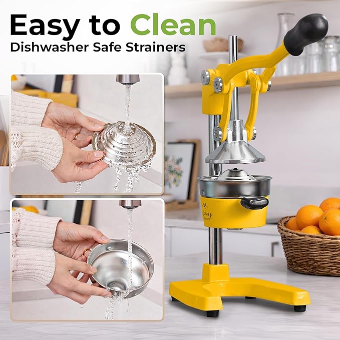 Zulay Kitchen Cast Iron Juicer - Easy-to-Clean Heavy-Duty Manual Juicer, Professional Citrus Juicer - Stainless Steel Lemon Squeezer - Manual Citrus Press & Orange Squeezer - Orange Juicer (Yellow)
