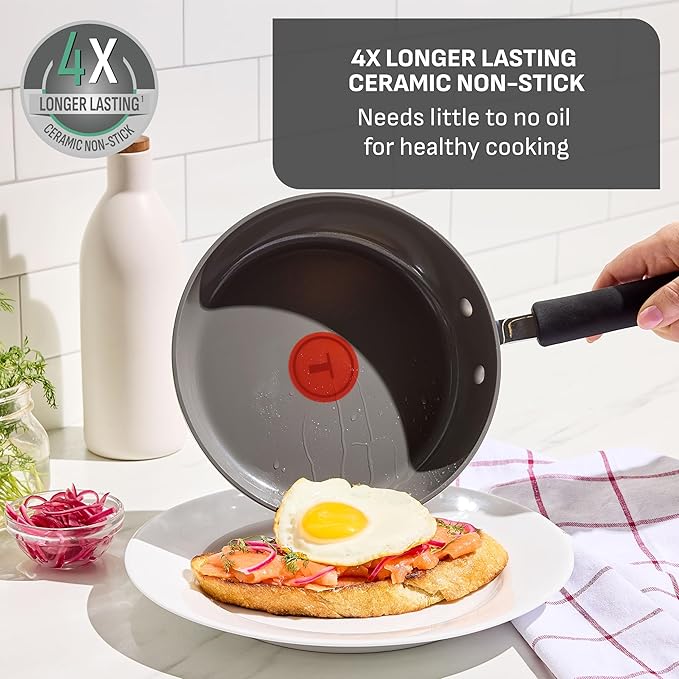 T-Fal Ultimate Hard Anodized Ceramic Nonstick 8 Piece Cookware Set, Oven Safe Up to 400°F, Dishwasher Safe, Pots and Pans Set, Includes Frying Pans, Saucepan, Cooking Utensils, Stone