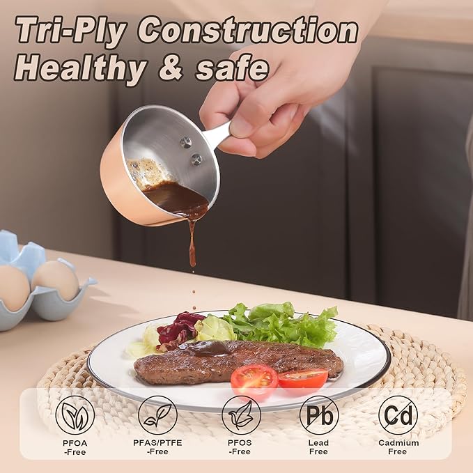 Mini Sauce Pan, Tri-Ply Stainless Steel Pot with Stay-Cool Handle Heating Sauce Gravy & Oil (5oz/150ml) - Copper