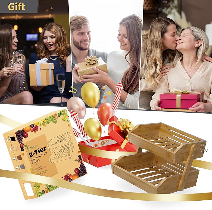 2 Tier Fruit Basket for Kitchen Counter, Large Capacity Fruit Storage Countertop, Fruit Holder, Wooden Pantry Organizers and Storage, Kitchen Countertop Organizer With Two Banana Hangers (Walnut)