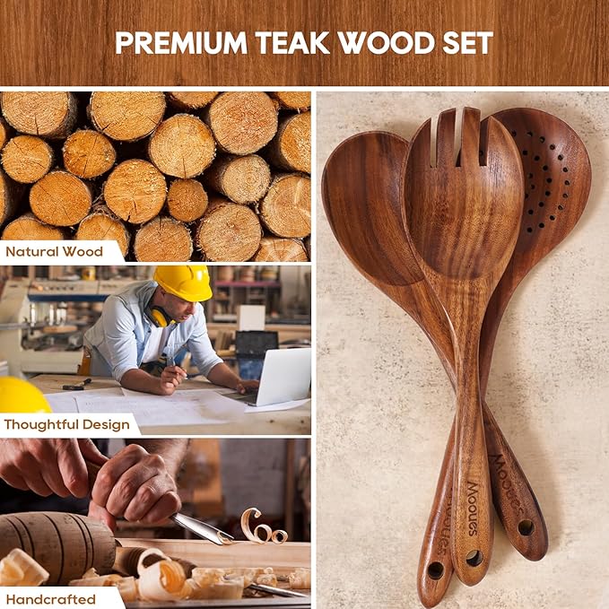 Wooden Spoons for Cooking, 8 PCS Teak Wood Cookware Utensil Set with Hooks - Smooth Finish, Non-Stick, Comfort Grip Cooking Spoons and Utensils Holder