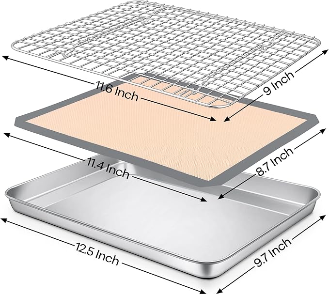 P&P CHEF 12.5 x 9.7 x 1 Inch Toaster Oven Pan with Grid Rack and Silicone Mat, Stainless Steel Toaster Oven Tray Baking Pan with Cooling Roasting Rack, Dishwasher Safe (3Pcs)