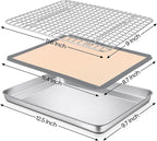 P&P CHEF 12.5 x 9.7 x 1 Inch Toaster Oven Pan with Grid Rack and Silicone Mat, Stainless Steel Toaster Oven Tray Baking Pan with Cooling Roasting Rack, Dishwasher Safe (3Pcs)