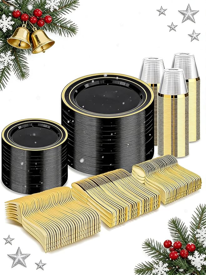 BESTVIP 600PCS Black Gold Dinnerware Set for 100 Guests, Plastic Plates for Halloween Party and Christmas, 100 Disposable Plates, 100 Dessert Plates, 100 Cups, 100 Spoons, 100 Forks and 100 Knives