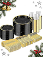 BESTVIP 600PCS Black Gold Dinnerware Set for 100 Guests, Plastic Plates for Halloween Party and Christmas, 100 Disposable Plates, 100 Dessert Plates, 100 Cups, 100 Spoons, 100 Forks and 100 Knives