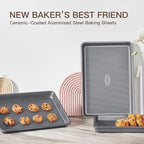 HONGBAKE 3 Pack Nonstick Ceramic Baking Sheet Pan Set for Oven, Non-Toxic Half/Quarter/Jelly Roll Pans with Diamond Texture, 0.8mm Aluminized Steel Cookie Trays for Cooking, Charcoal Gray