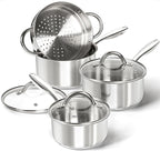 MICHELANGELO Saucepan Set 6pc with Steamer Insert, 18/10 Stainless Steel Sauce Pans with Lids, Tri-Ply Bottom Sauce Pots, Induction Compatible, 1QT & 2QT & 3QT