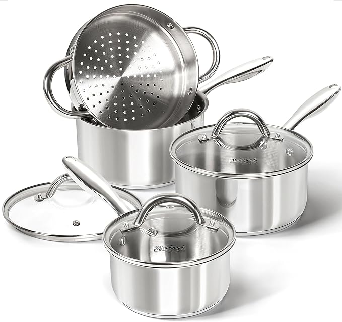 MICHELANGELO Saucepan Set 6pc with Steamer Insert, 18/10 Stainless Steel Sauce Pans with Lids, Tri-Ply Bottom Sauce Pots, Induction Compatible, 1QT & 2QT & 3QT