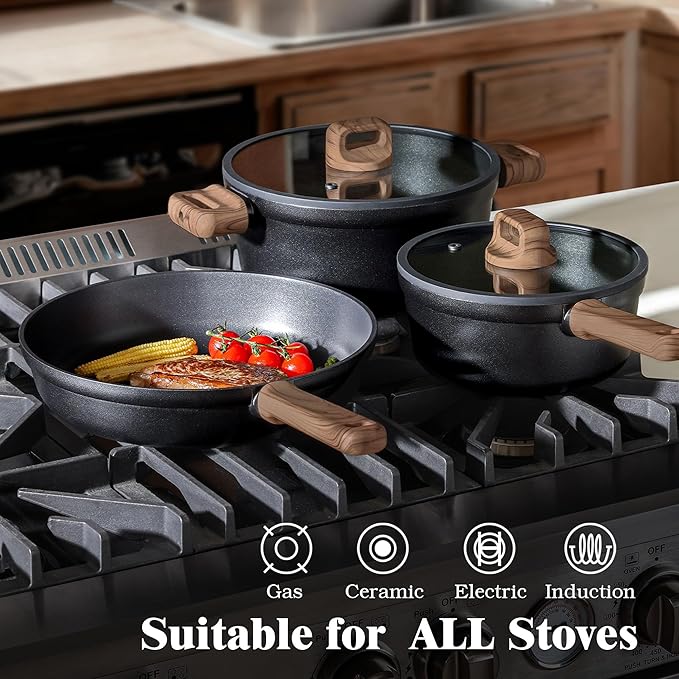 SENSARTE 20Pcs Nonstick Pots and Pans Set, Black Titanium Non Stick Cookware Set, Healthy Kitchen Cooking Set, Induction Compatible, Dishwasher Safe, PFOA/PFOS Free